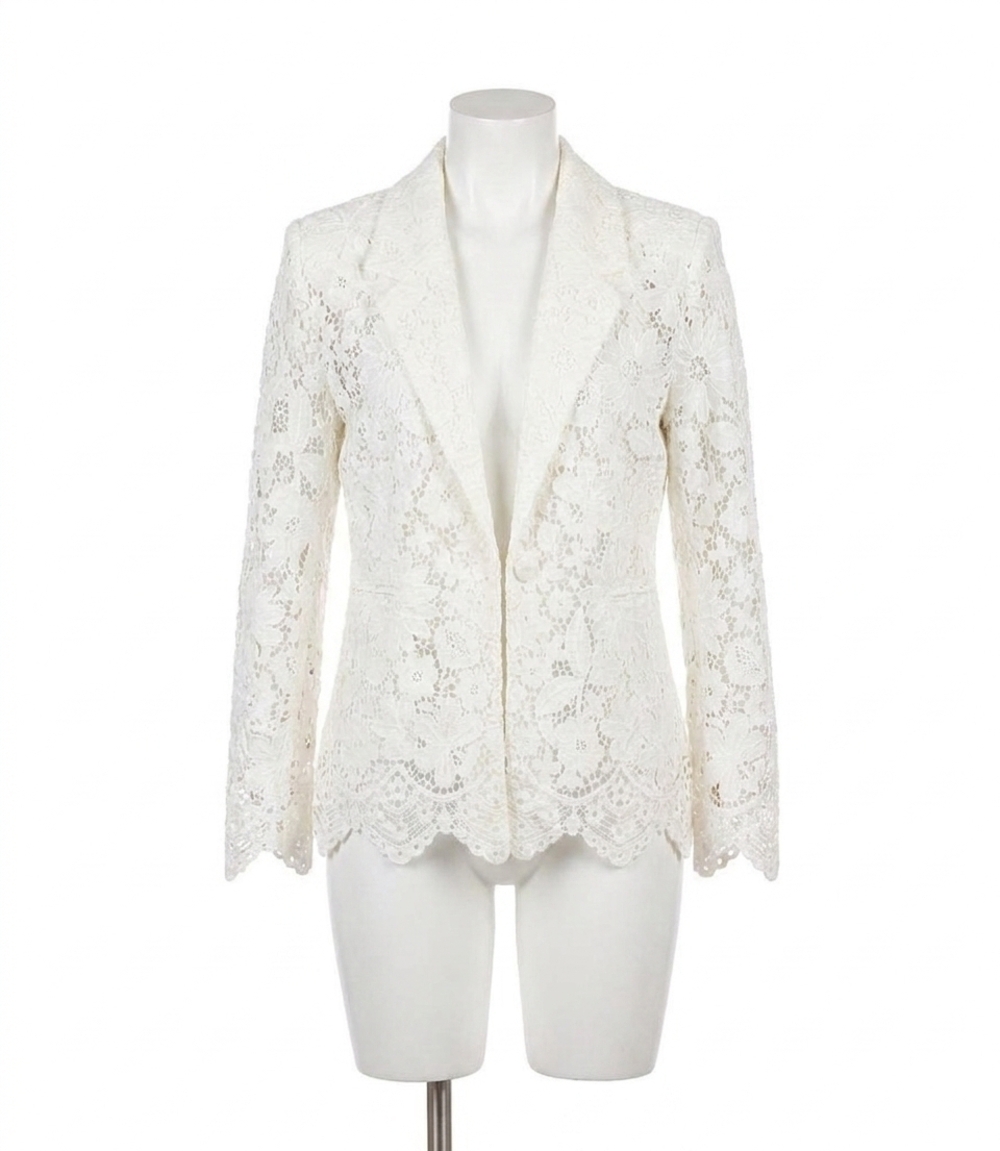 NEW KAREN KANE floral lace scallop edge blazer in off white
